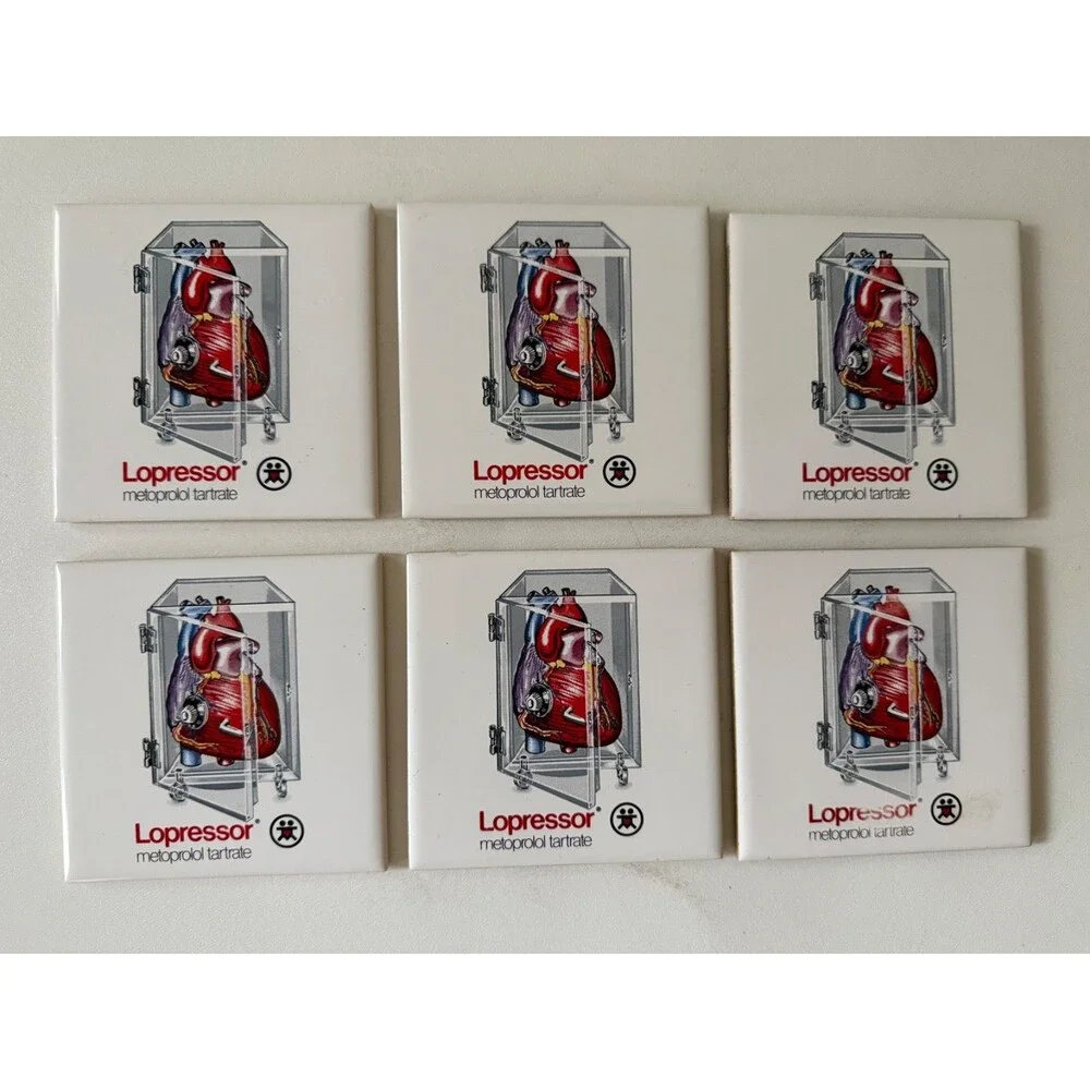 Vintage Lopressor Metoprolol Ceramic Coaster Cork Backing Set of 6 Drug Insert